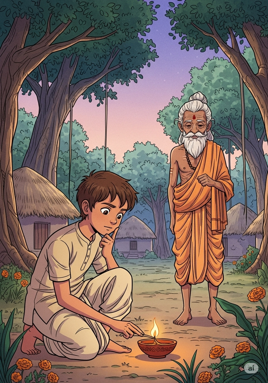 Young Aruni studying with his teacher Sage Dhaumya in the forest school